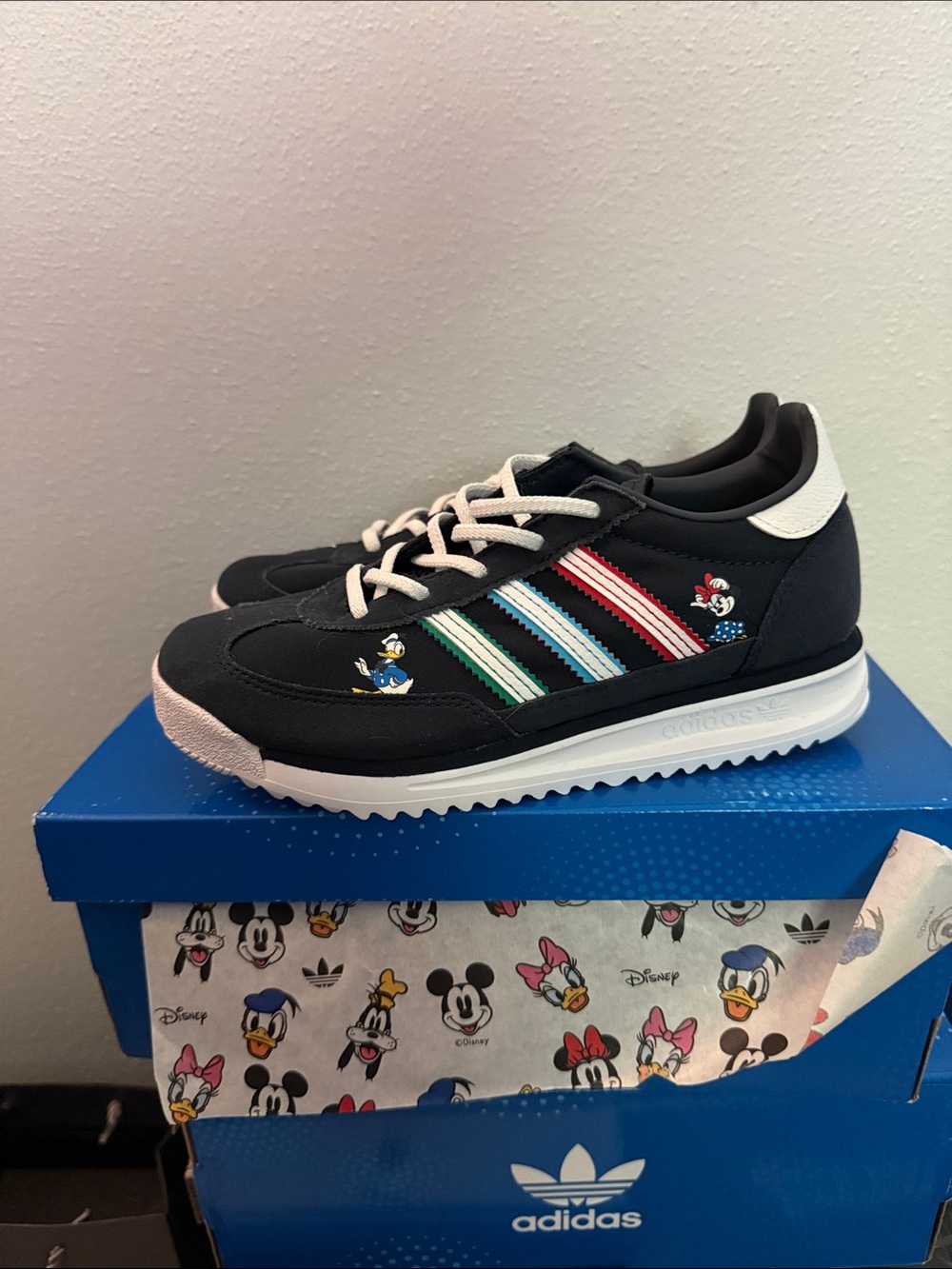 adidas Kids Black Sneakers with Red, Blue & Green Stripes